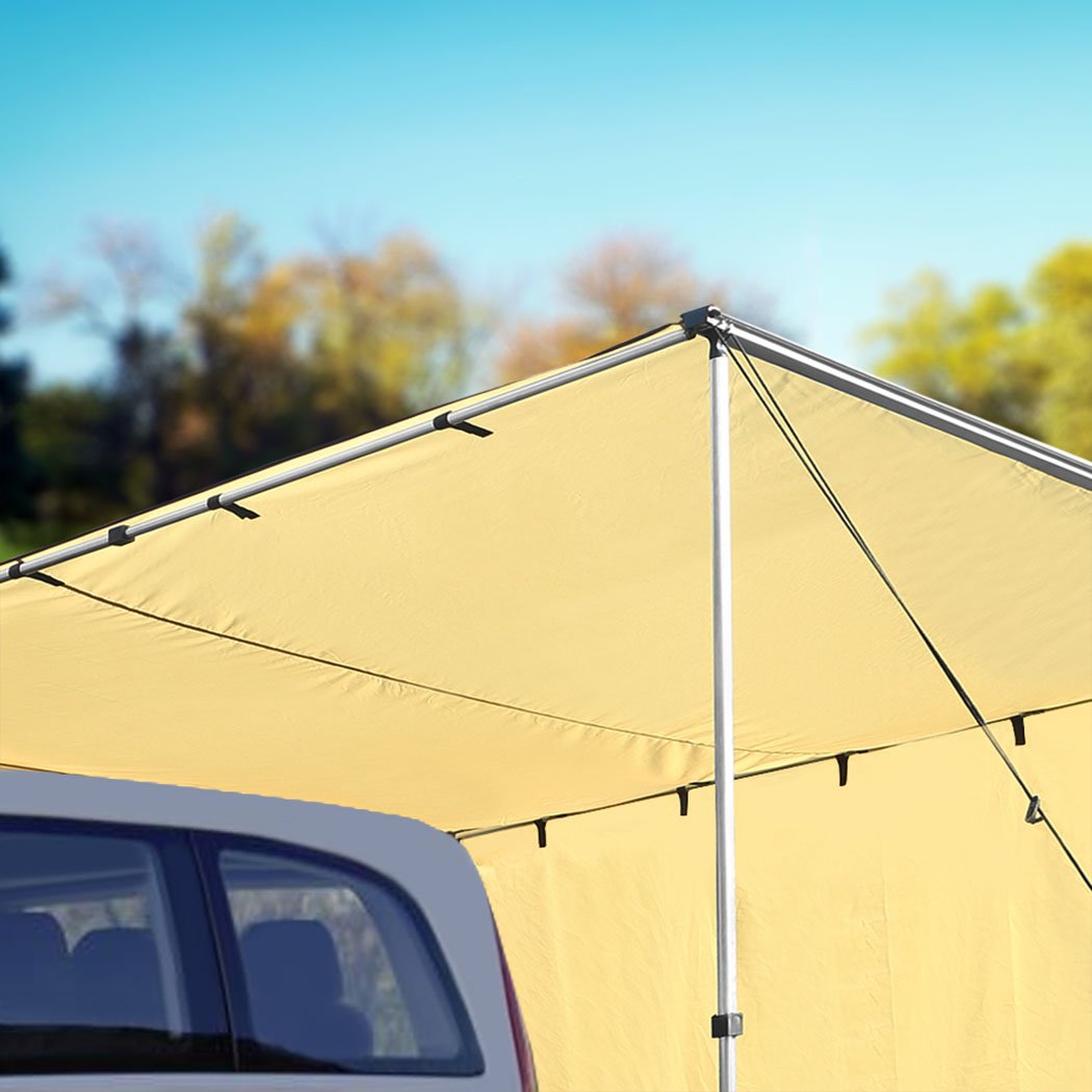 Mountview 2.5x3M Car Side Awning set up beside a vehicle, showcasing its spacious shade area and adjustable height features.